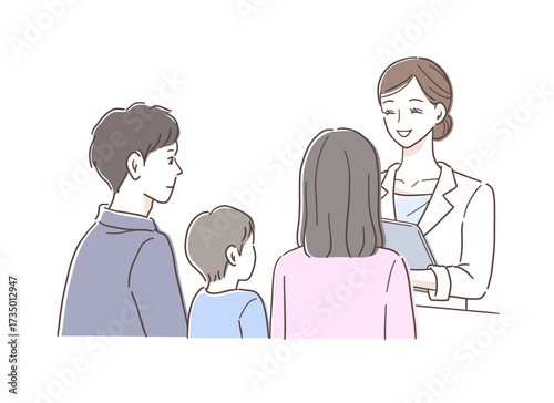 女性医師に説明を受ける若い夫婦と子どものイラスト素材