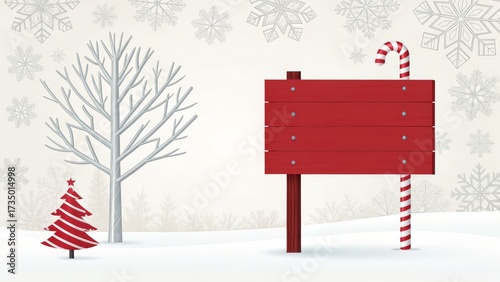 Festive red blank wooden sign with candy cane winter wonderland christmas greeting calm snowy landscape playful holiday spirit