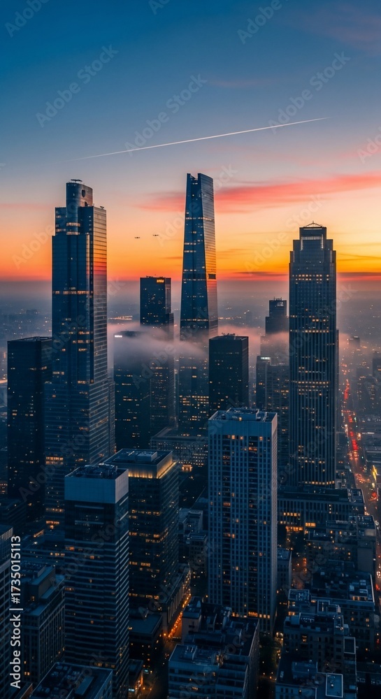 Fototapeta premium Cityscape at Dawn: Skyscrapers Emerging from Mist