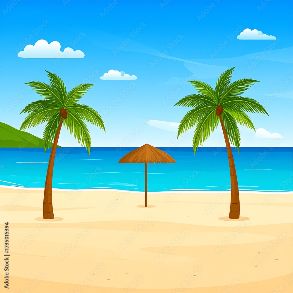 Obraz premium Tropical beach scene with palm trees and umbrella