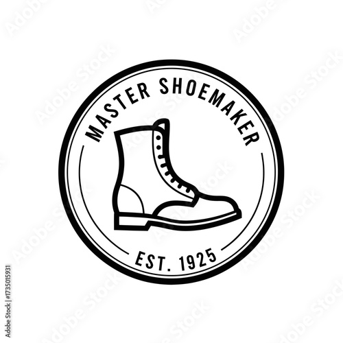 Vintage black and white circular logo for a Master Shoemaker, established in 1925, featuring a classic boot.