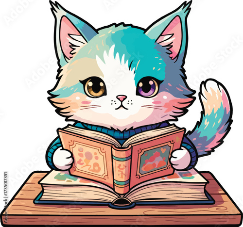 Cute Cat Reading Book in Library Vector Illustration