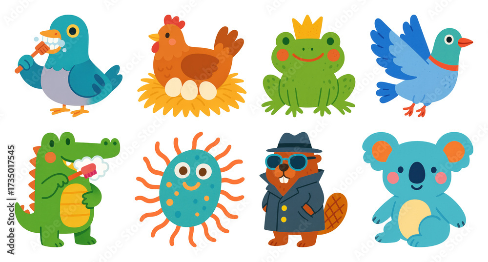 Obraz premium PNG Colorful cartoon animal illustrations, element set on transparent background
