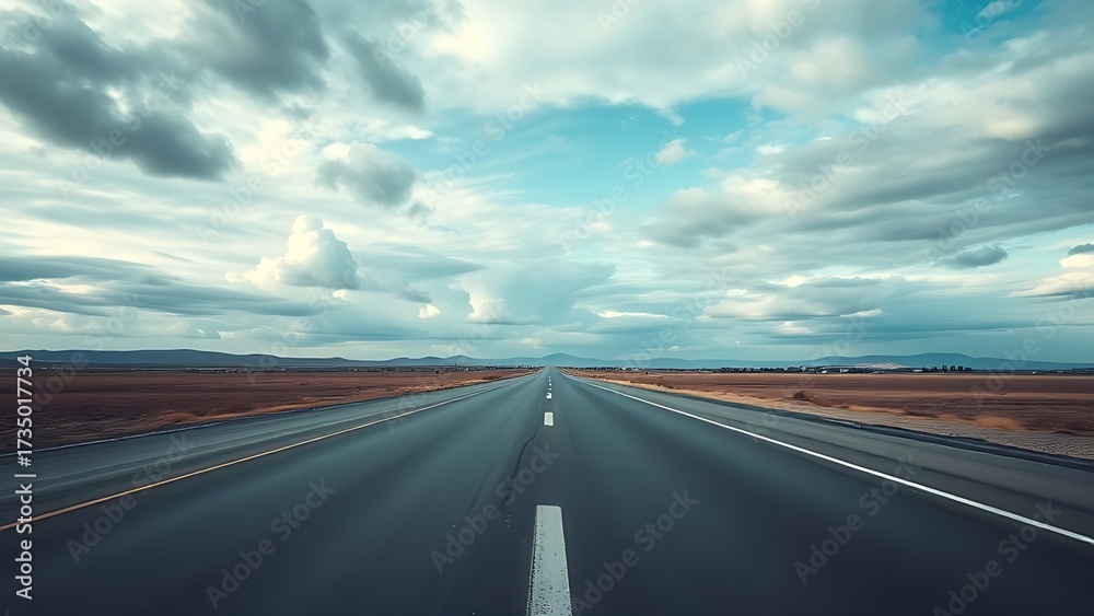 Fototapeta premium Panoramic view of an empty road under cloudy skies, capturing a serene and open landscape.
