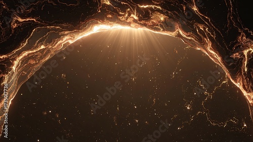 Glowing amber archway framed by flowing, textured gold. Radiant light streams into a dark space