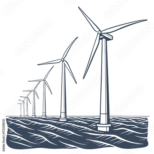 A line of offshore wind turbines stand tall in the ocean generating clean renewable energy