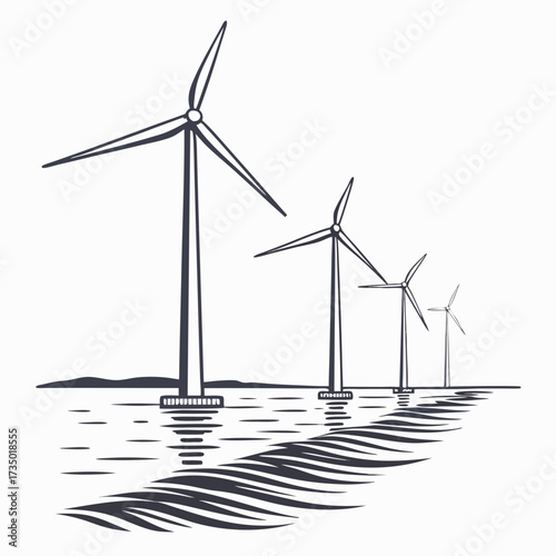 A line of wind turbines stand in the water generating clean renewable energy with stylized waves below