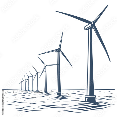 A row of dark blue wind turbines stand tall in the ocean generating clean renewable energy on a white background