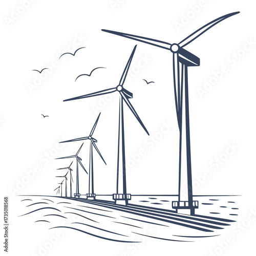 A row of wind turbines stand majestically on the ocean generating clean renewable energy with birds flying overhead