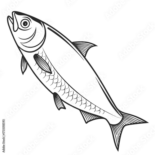 A stylized black and white line drawing of a single herring fish swimming diagonally upwards against a white background