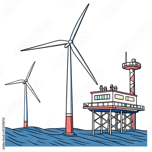 Offshore wind farm with turbines and a control platform generating clean renewable energy in the ocean