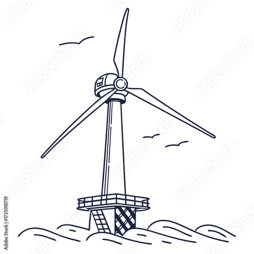 Offshore wind turbine generating clean renewable energy in the ocean with seagulls flying above