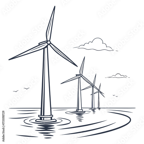 Offshore wind turbines generating clean energy in the ocean with clouds and birds in the sky