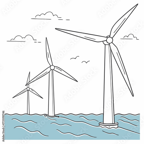 Offshore wind turbines generating clean renewable energy in the ocean with birds flying above