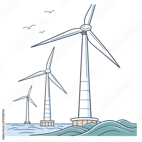Offshore wind turbines stand tall in the ocean waves generating clean renewable energy with birds flying overhead