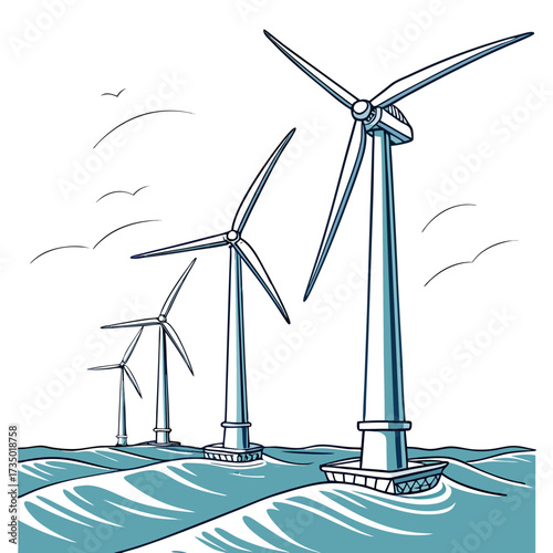 Offshore wind turbines generating clean renewable energy in the ocean with birds flying in the sky