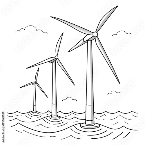 Offshore wind turbines generating clean renewable energy in the ocean with stylized clouds in the background