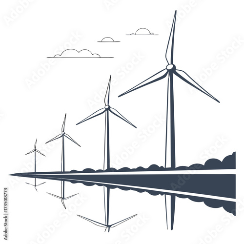 Silhouette of wind turbines on a flat horizon with their reflections in the water under a cloudy sky