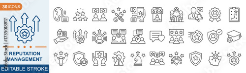 Reputation Management icon set. Award, high quality, brand, perception, credibility, and more. Editable stroke. Vector illustration eps 10