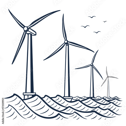 Stylized illustration of offshore wind turbines generating clean energy amidst stylized ocean waves and flying birds