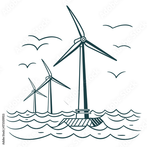 Stylized illustration of offshore wind turbines generating clean renewable energy in the ocean with seagulls flying above