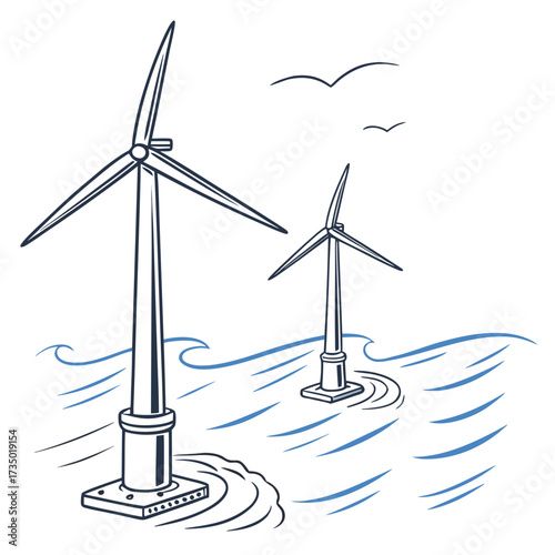 Stylized illustration of two offshore wind turbines generating clean energy in the ocean with birds flying overhead