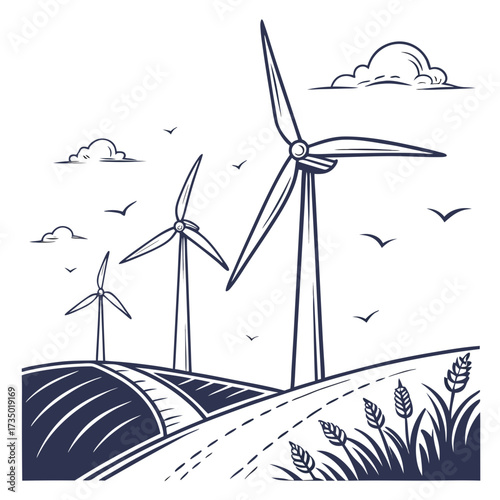 Stylized illustration of wind turbines on rolling hills with birds flying and clouds in the sky