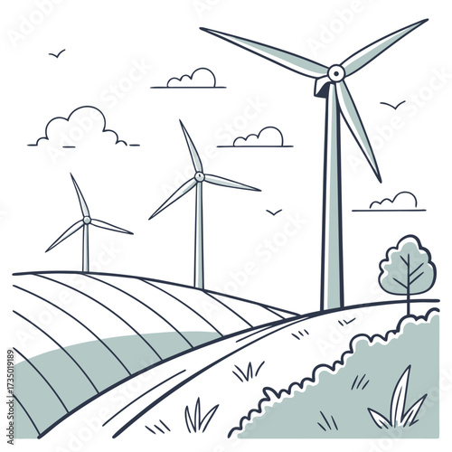 Stylized illustration of wind turbines on rolling hills with fields and a lone tree under a cloudy sky