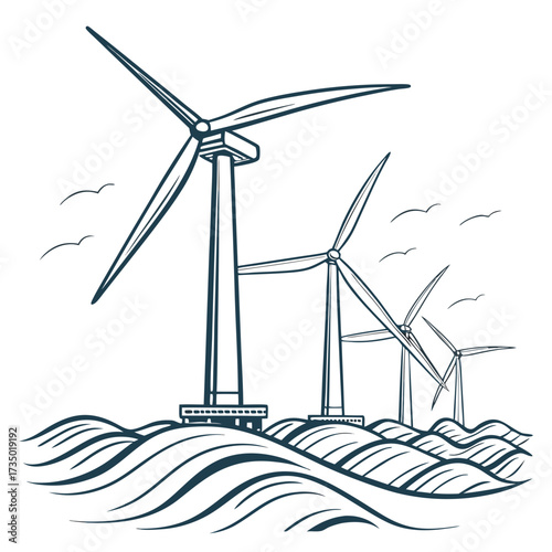 Stylized illustration of wind turbines standing tall in a rolling landscape with stylized waves and birds flying above