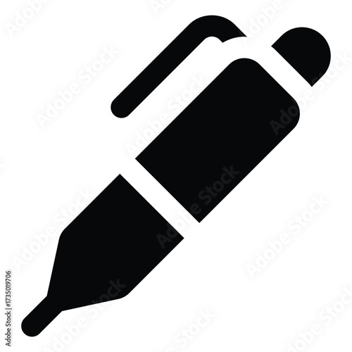 Solid black ball pen illustration in minimal flat style with cap. Perfect for office, school, and daily writing needs.