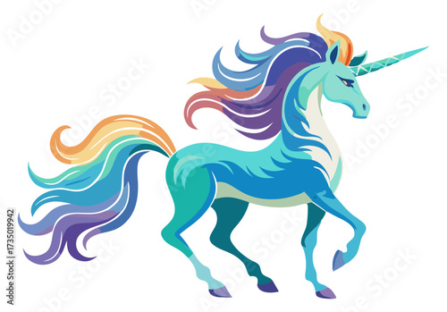 A magical, vibrant unicorn with a rainbow mane and tail, featuring a beautiful blue and turquoise body.