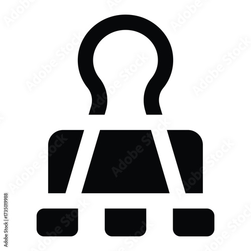 Solid black paper clip illustration in minimal flat style, showing simple clamp design. Perfect for office, school, organization, and document projects.