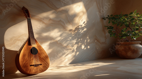Acoustic Lute Harmony: An expertly crafted, traditional lute leans against a warm wall in a sun-drenched corner, the soft light highlighting its wooden texture and inviting contemplation.