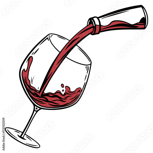 Illustration of red wine being poured from a bottle into a glass hand drawn vector illustration of wine pouring into a glass