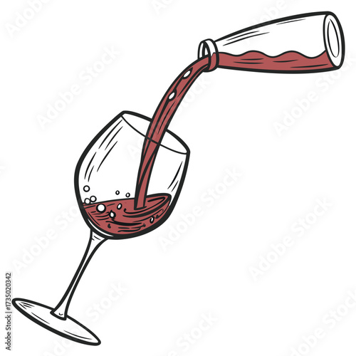 Illustration of a bottle pouring red wine into a glass, creating a visually appealing and inviting scene perfect for winerelated designs