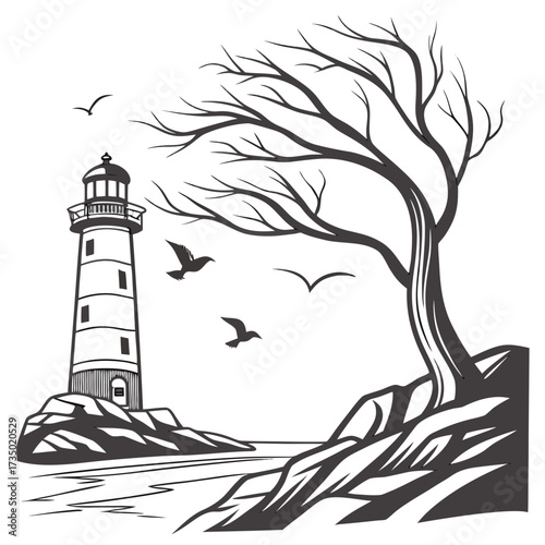 Monochrome vector illustration of a lighthouse on a rocky coast with a bare tree and birds flying overhead, the scene evokes a sense of tranquility