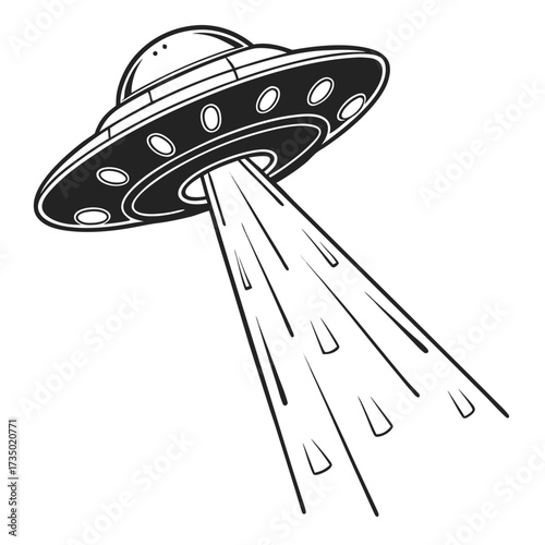 Vintage monochrome ufo abduction concept with flying saucer and light beam great for scifi, space exploration, or extraterrestrial themes