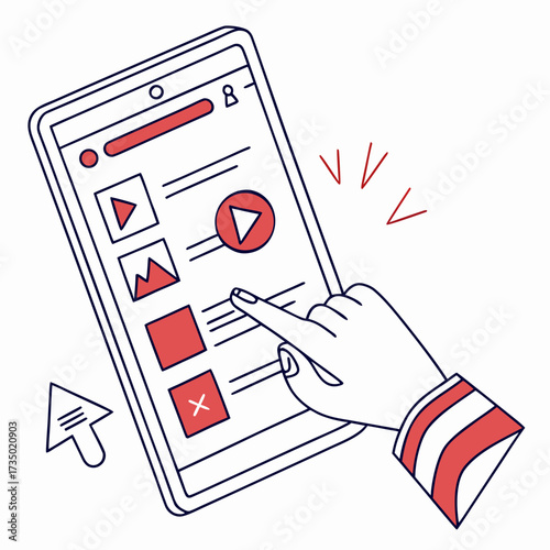 Hand touching screen of tablet concept of online education, elearning, video tutorial, webinar, online course, vector illustration in line art style