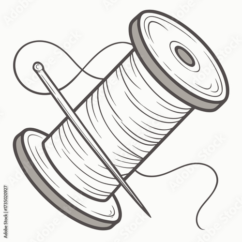 Hand drawn spool of thread with needle, a sewing tool for stitching fabric, craft, fashion, textile, tailoring, and needlework, vector illustration