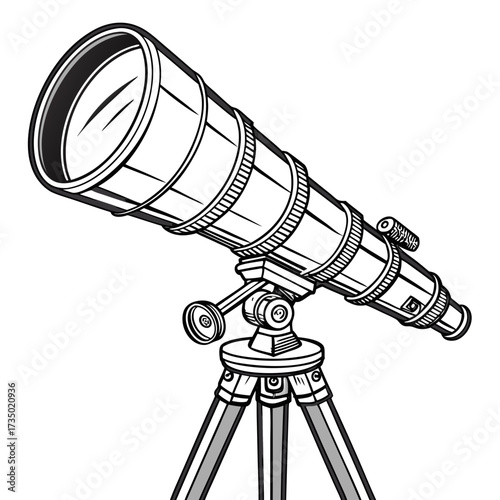 Hand drawn telescope on tripod powerful astronomical instrument for observing stars and planets retro scientific equipment for astronomy and research