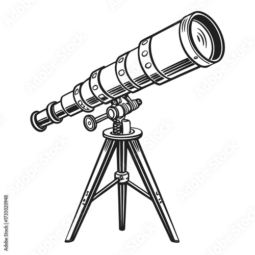 Hand drawn telescope on tripod vintage astronomical instrument for observing stars and planets retro scientific equipment for astronomy and science