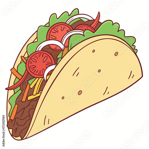 Colorful taco illustration, showcasing a crispy shell filled with seasoned meat, fresh lettuce, juicy tomatoes, and a variety of toppings, perfect for a quick and flavorful snack