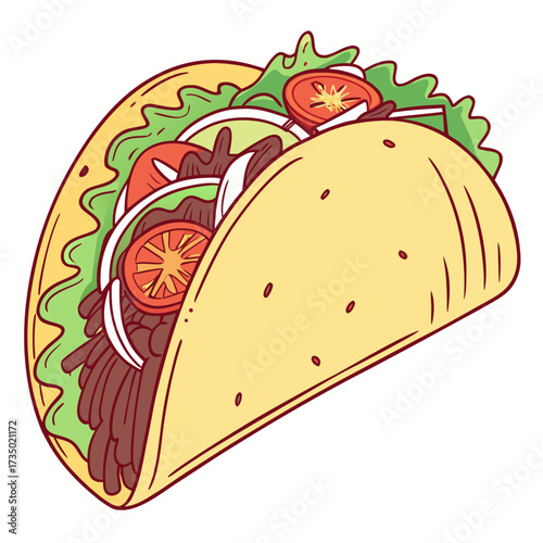 A tasty taco with meat, lettuce, tomato, and onion this mexican delight is perfect for a quick and satisfying meal