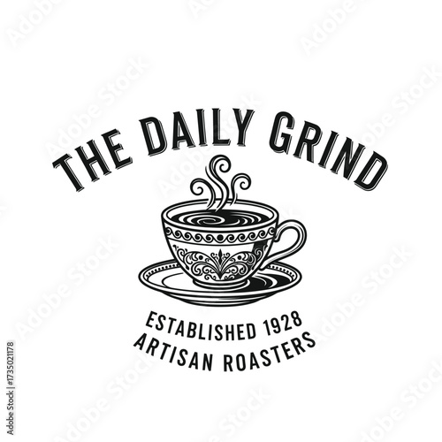 The Daily Grind logo featuring a steaming cup of coffee and saucer, established in 1928, artisan roasters.