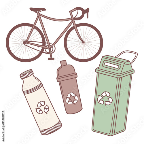 Illustration showcasing ecofriendly transportation with a bicycle, alongside recycling efforts with bottles and a bin