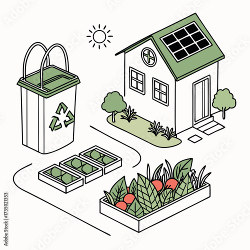 Isometric illustration of a sustainable house with solar panels, a recycling bin, and a vegetable garden concept of ecofriendly living and renewable energy