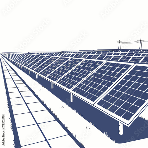 Illustration of a vast solar panel farm stretching into the distance, highlighting the potential of renewable energy and sustainable technology