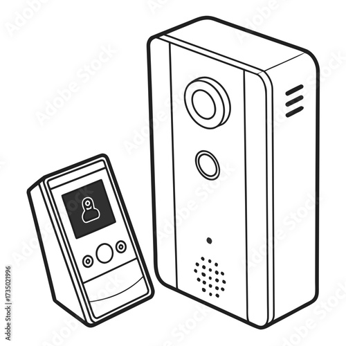 Illustration of a smart doorbell system with a camera and a monitor, the system is designed to allow homeowners to see and speak to visitors before opening the door