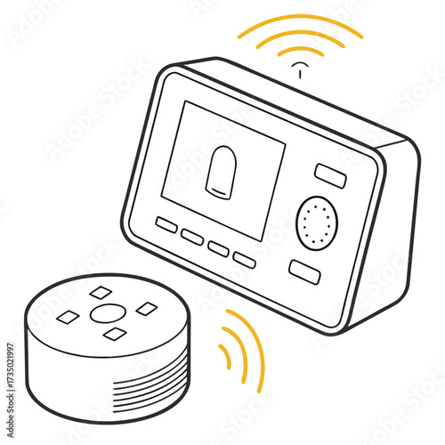 Illustration of a smart home security system with a monitor and a sensor, the system is designed to protect the home from intruders and other threats
