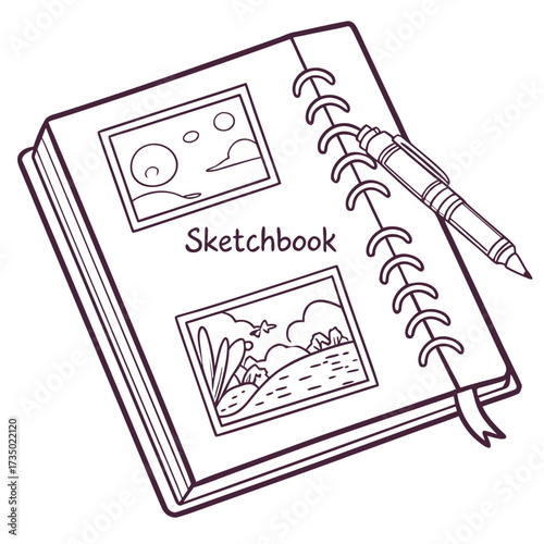 Open sketchbook with pen, featuring drawings, perfect for illustrating creativity, artistic expression, or personal journaling in a minimalist style